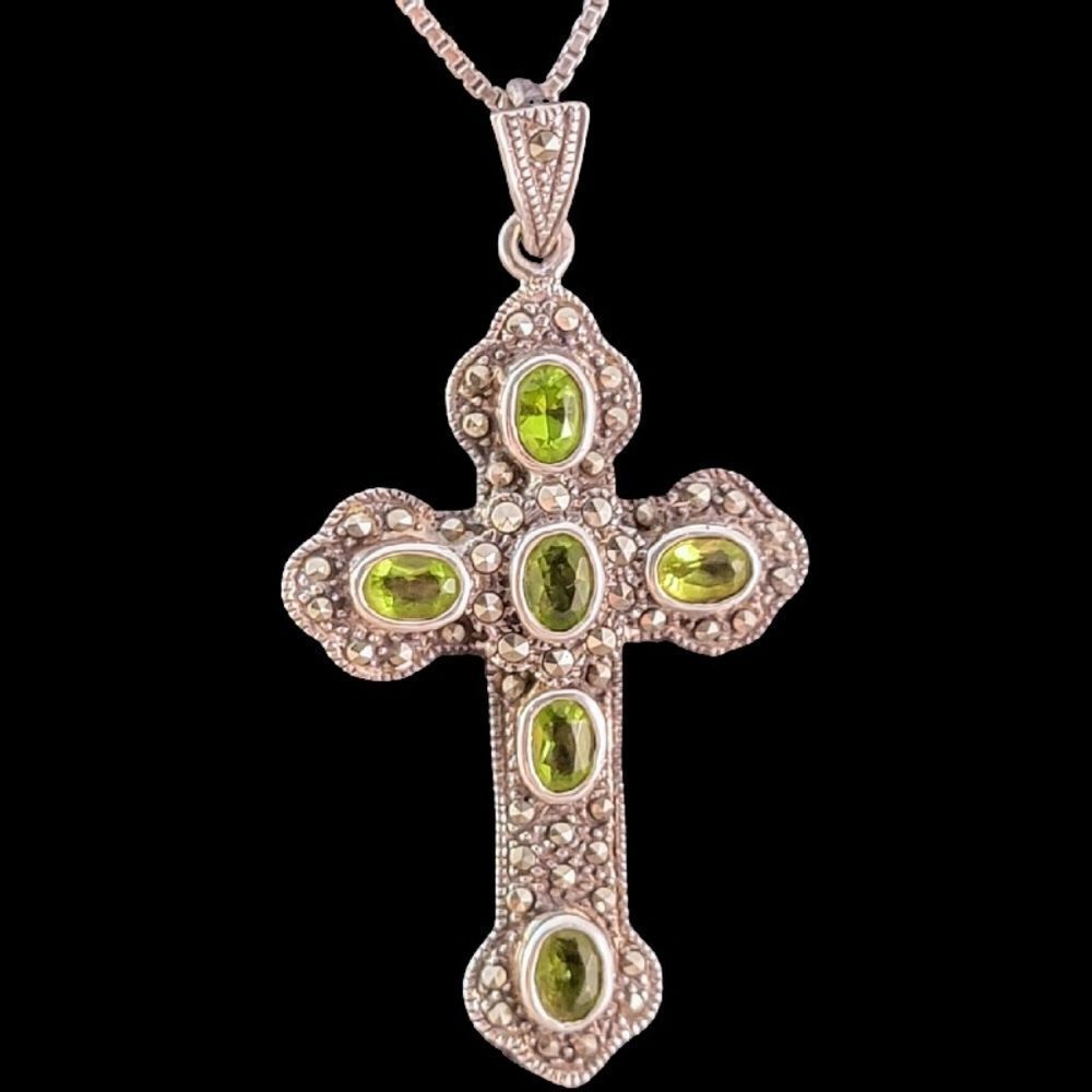 Sterling Peridot Cubic Zirconia Marcasite Cross Pendant Necklace